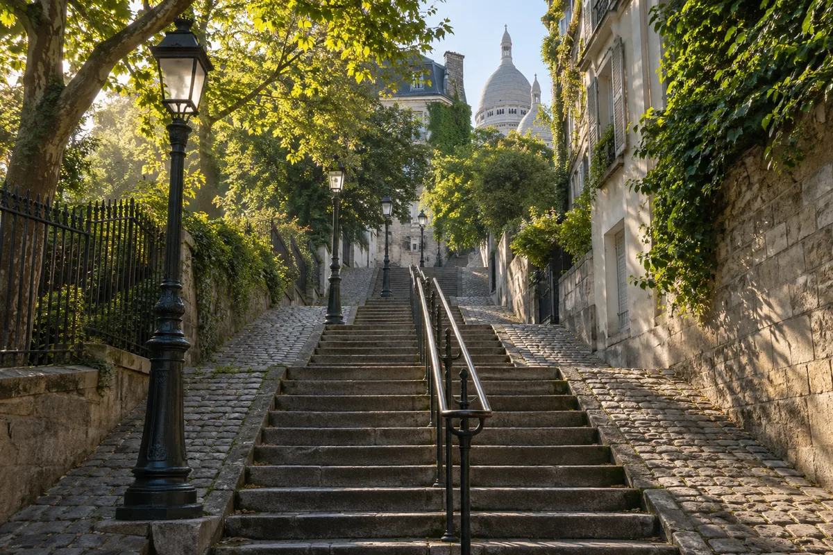 Escalier d&rsquo;une ruelle pavée de Montmartre bordé de réverbères et de feuillages dans la lumière du matin