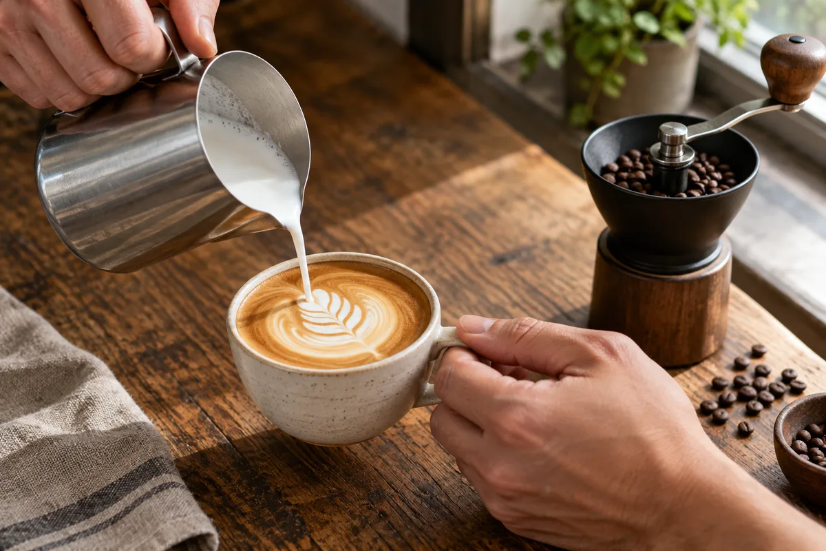 Mains d&rsquo;un barista versant un lait chauffé dans une tasse d&rsquo;expresso posée près d&rsquo;un moulin à café sur un comptoir