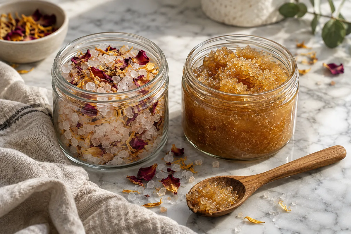 Bocal de sels de bain aux pétales séchés et pot de gommage au sucre ouverts à côté d&rsquo;une cuillère en bois