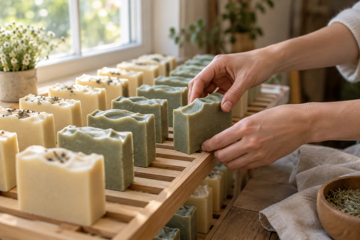 Mains posant des savons artisanaux fraîchement découpés sur une grille de séchage en bois près d&rsquo;une fenêtre