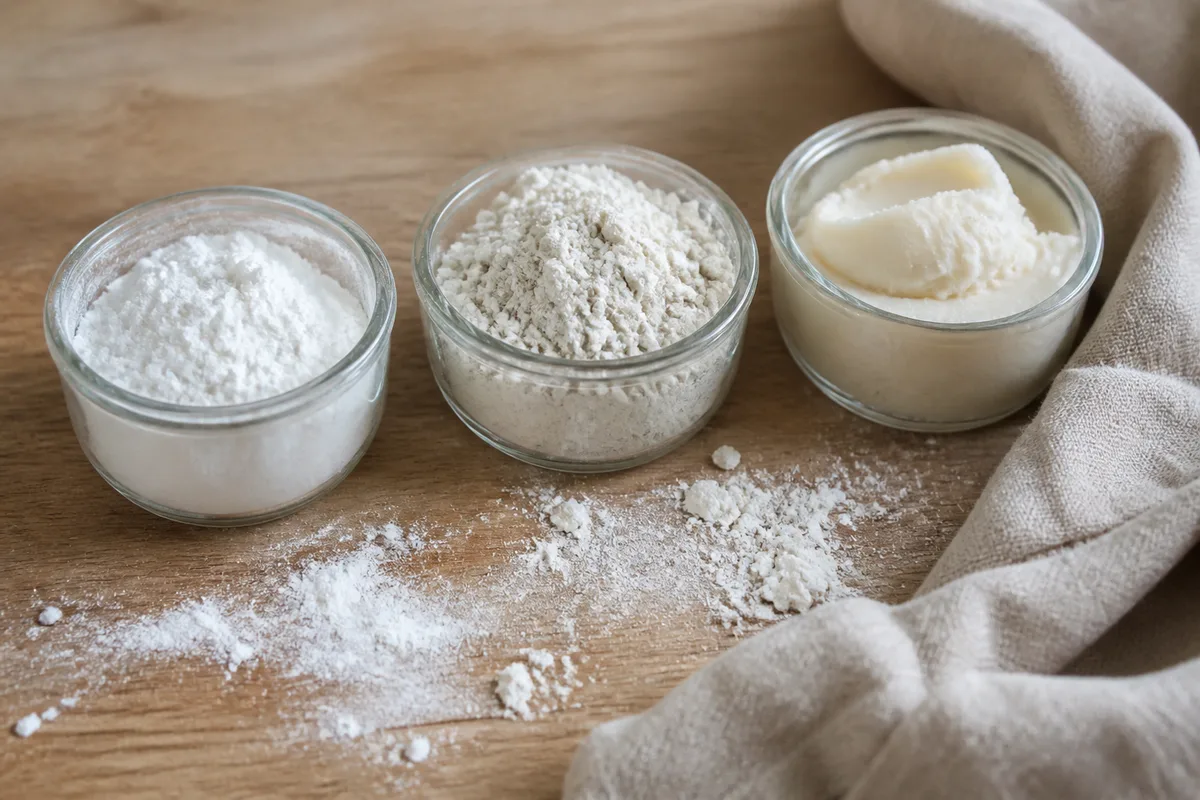 Pots en verre contenant de la fécule blanche, de l&rsquo;argile kaolin et du beurre de karité sur un plan de travail en bois clair