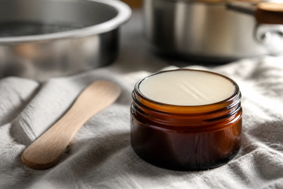 Baume déodorant blanc coulé dans un petit pot en verre ambré, spatule en bois posée à côté sur un linge en lin