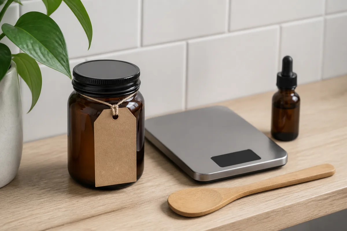 Pot en verre ambré étiqueté à la main, balance de précision et petite spatule alignés sur une étagère de salle de bains